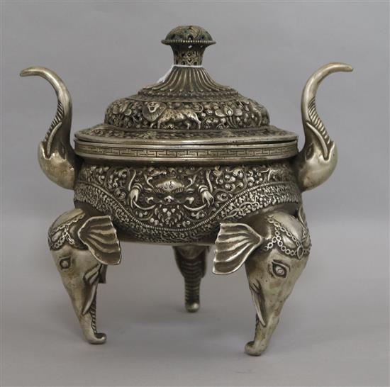 A Ming-style silvered bronze tripod censer and cover height 29cm
